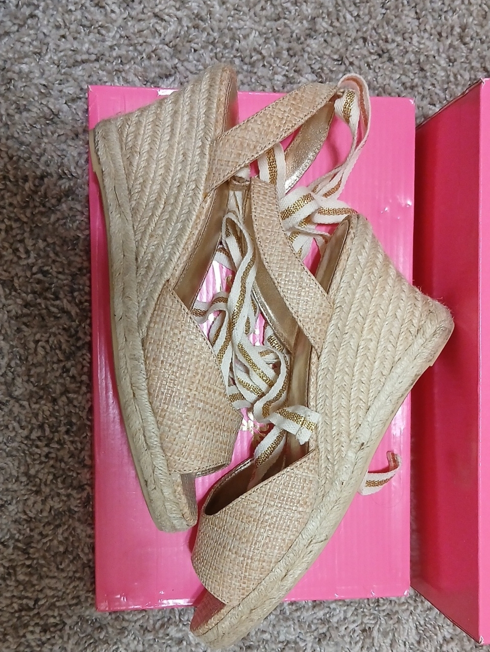 Lilly Pulitzer Gold Woven Espadrille Wedge Sandals with Ankle Wrap - Picture 3 of 7